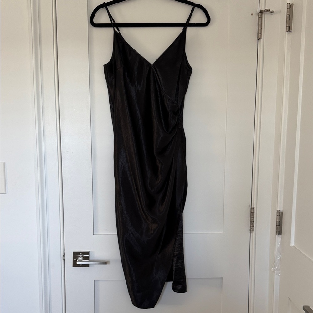 BCBGeneration Black Satin Slip Midi Dress with Side Draping